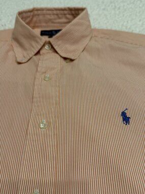 Polo Ralph Lauren Mens Medium Orange White Striped Cotton Button Up Shirt